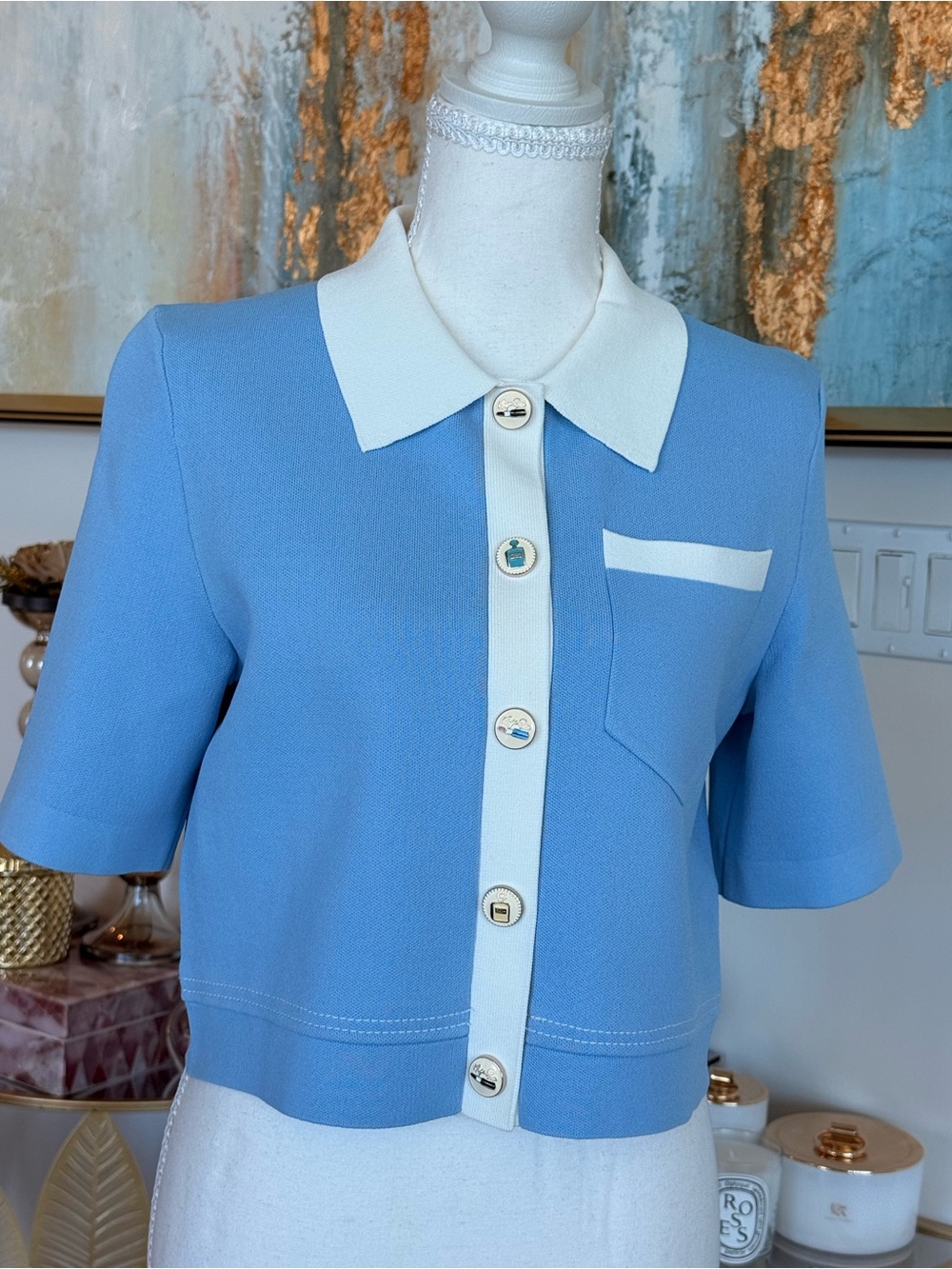 Maje Sky Blue Cropped Button-Front Knit Top with White Trim
